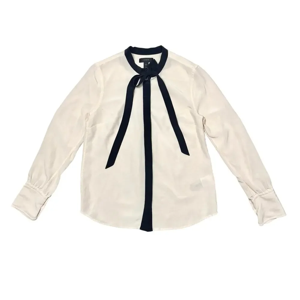 J. Crew | Women | 100% Silk Drape Collarless Bow Tie Button Up Blouse | Size 00